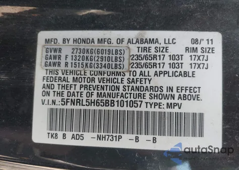 2011 Honda Odyssey Ex-L z USA, uszkodzony, nr VIN 5FNRL5H65BB101057